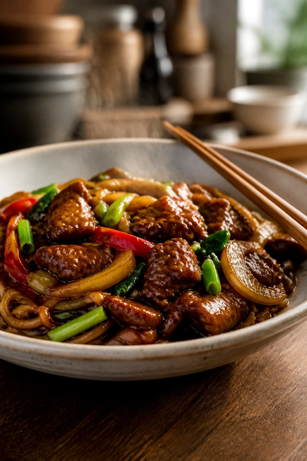 Stir-fry served in a shallow bowl with chopsticks