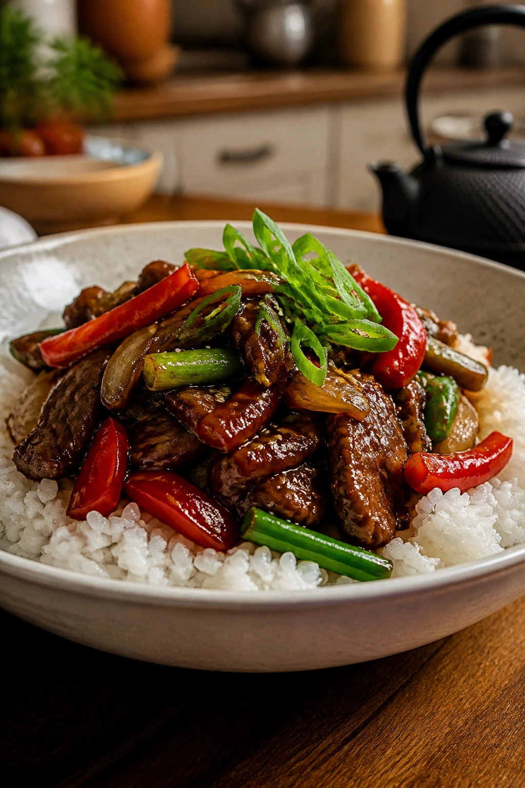 Bowl of jasmine rice topped with glossy stir-fry, ready to serve