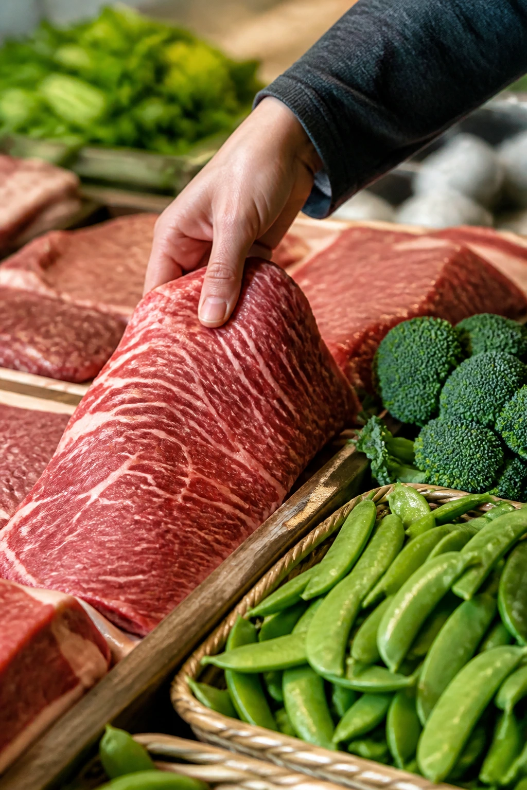 Close-up of flank steak and vegetables at market, illustrating smart shopping for stir-fry