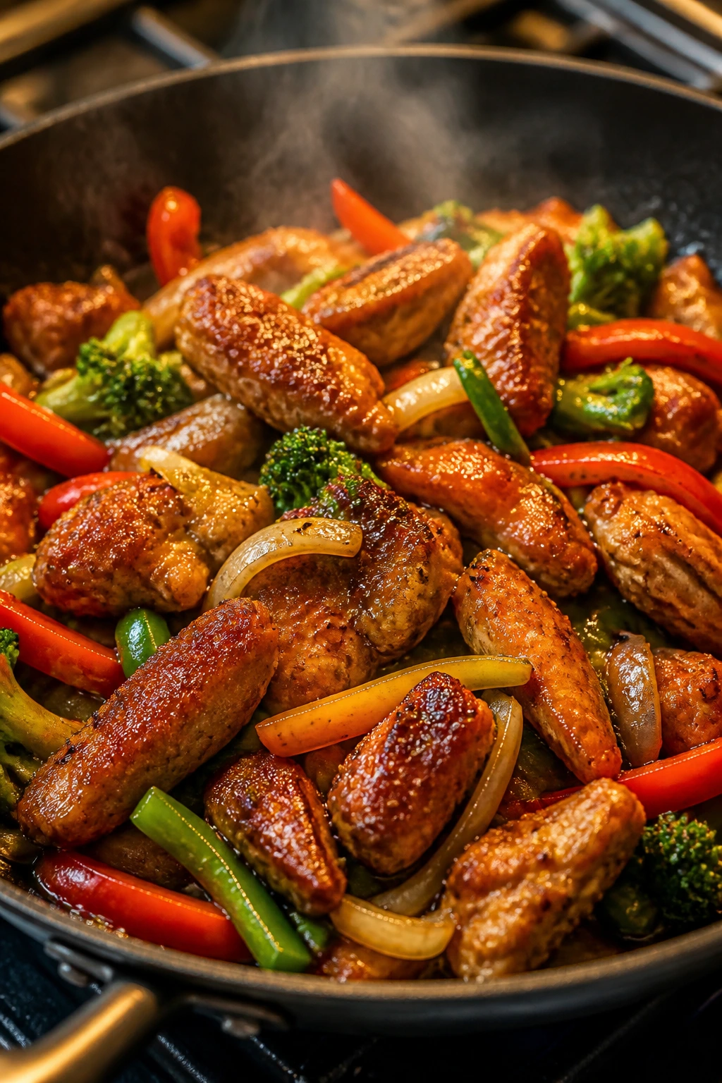 Crispy chicken with vegetables in glossy stir-fry sauce