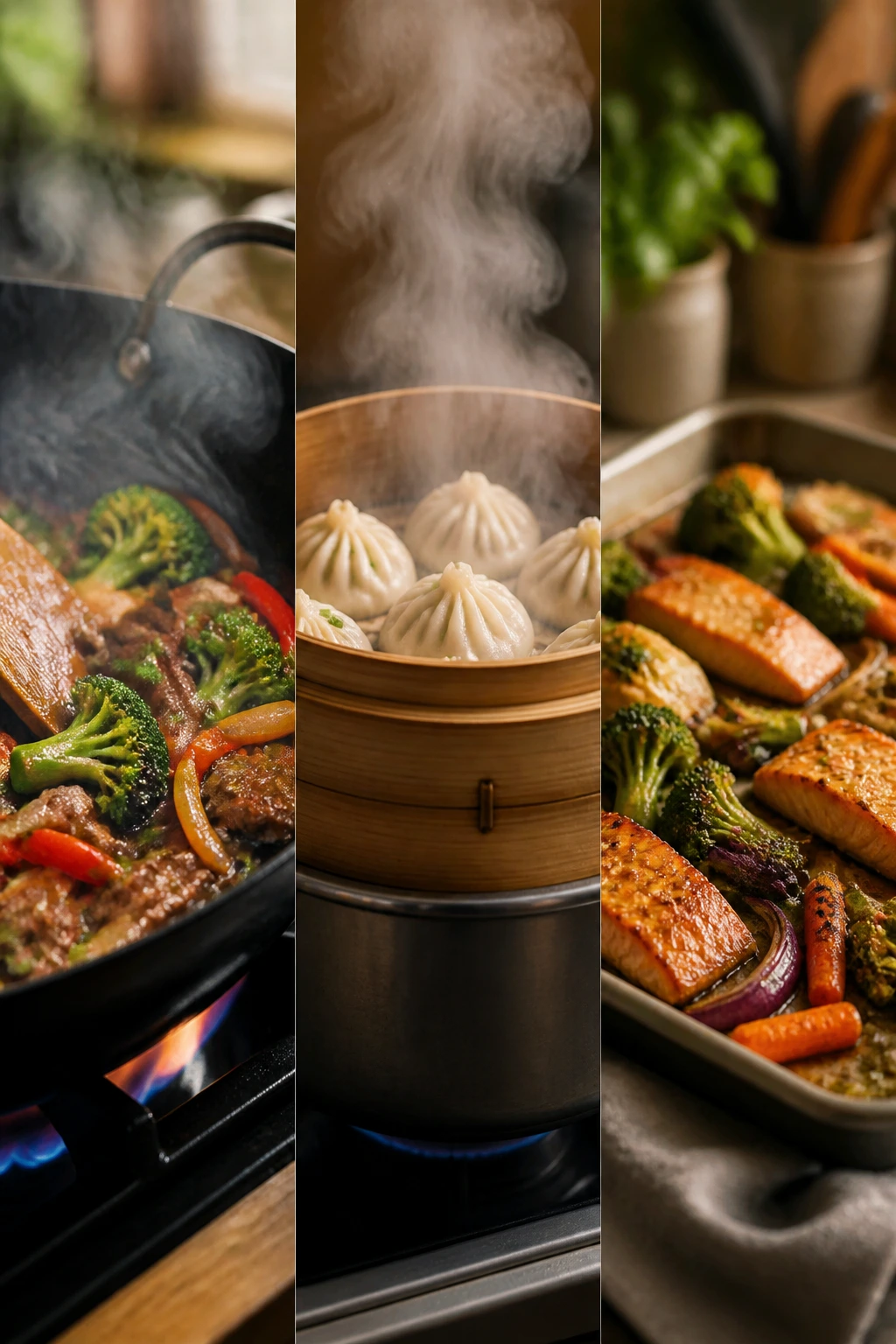 Composite shot of wok stir-frying, steaming, and sheet-pan cooking methods