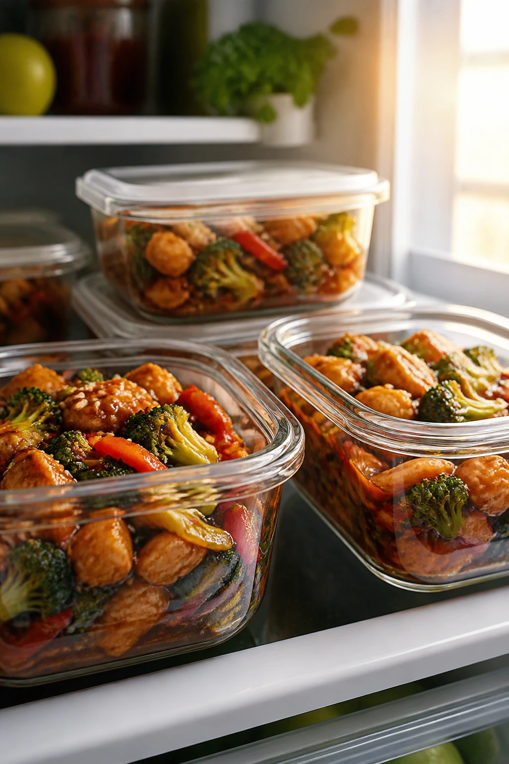 Close-up of stir-fry leftovers in glass containers on fridge shelf
