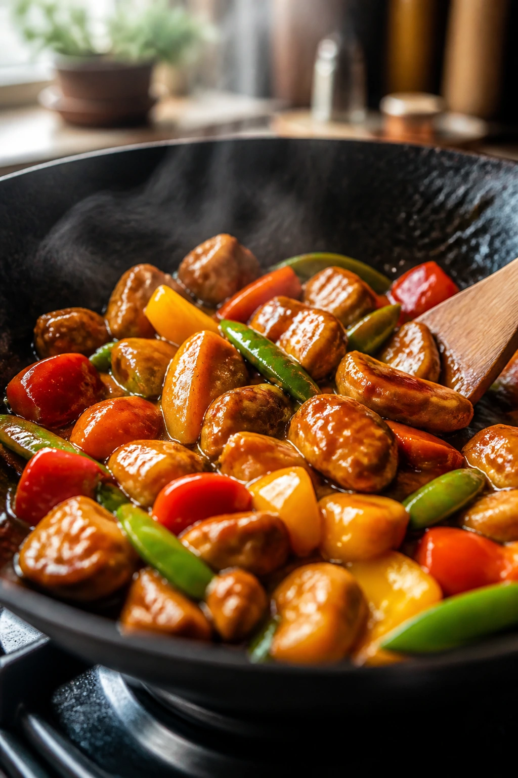 Close-up of glossy sweet-and-sour stir fry with chicken and crisp vegetables in a sizzling wok