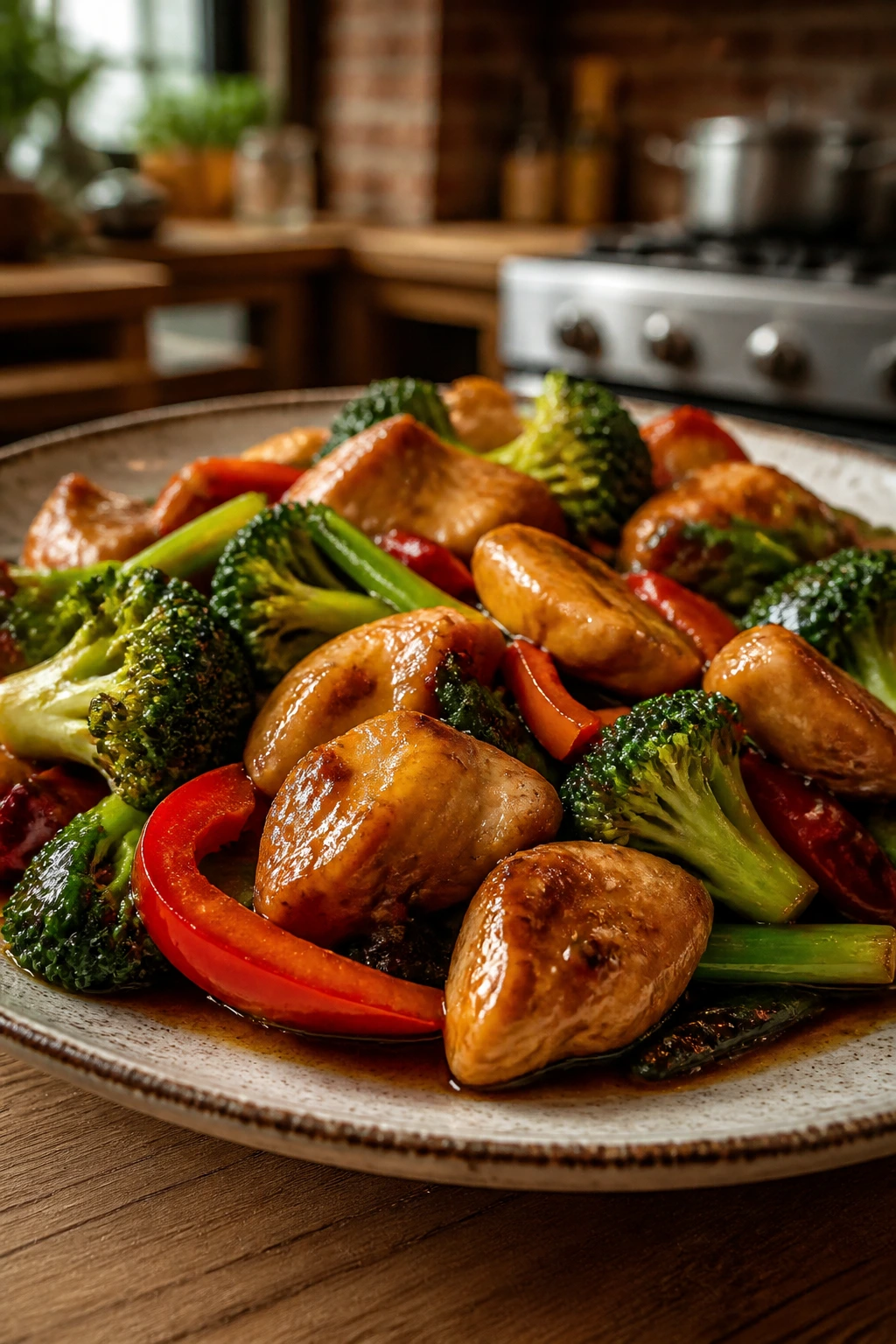 Glossy stir-fry plate with broccoli and peppers on a rustic plate