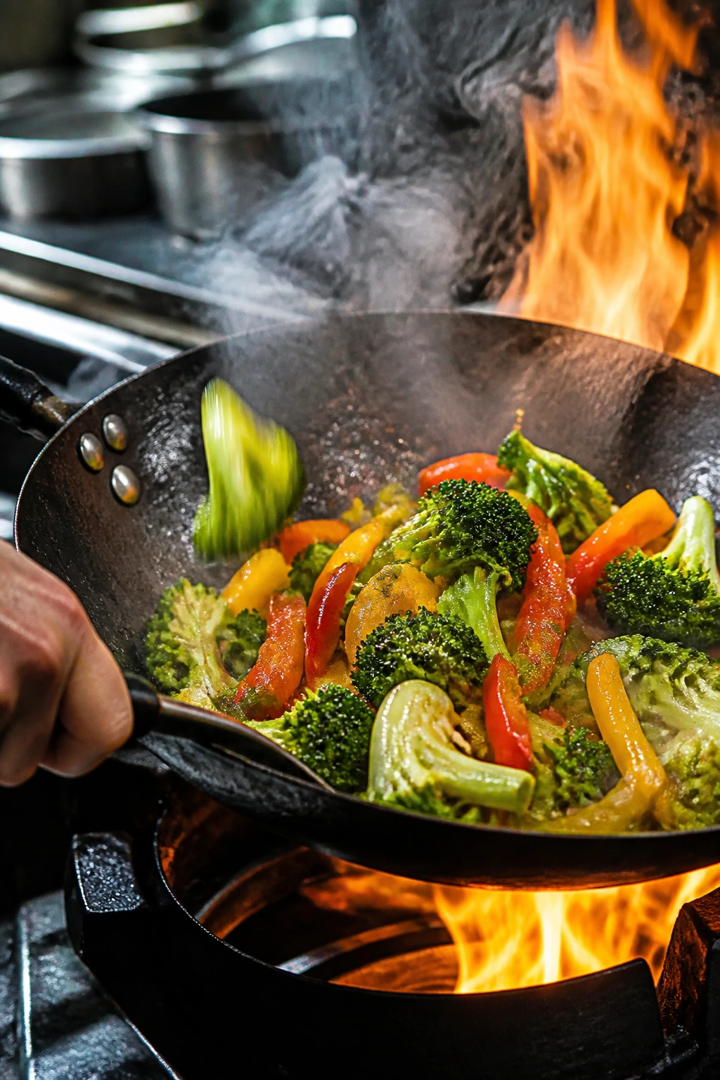 Sizzling wok with broccoli and peppers over high heat
