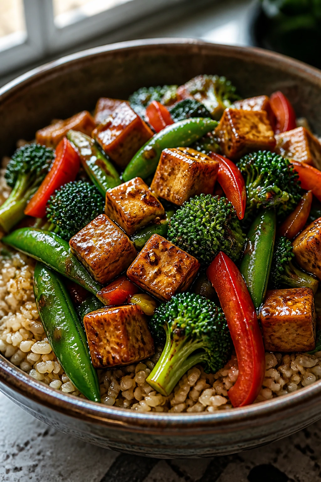 Close-up of glossy vegetable stir-fry with tofu and brown rice in a rustic bowl