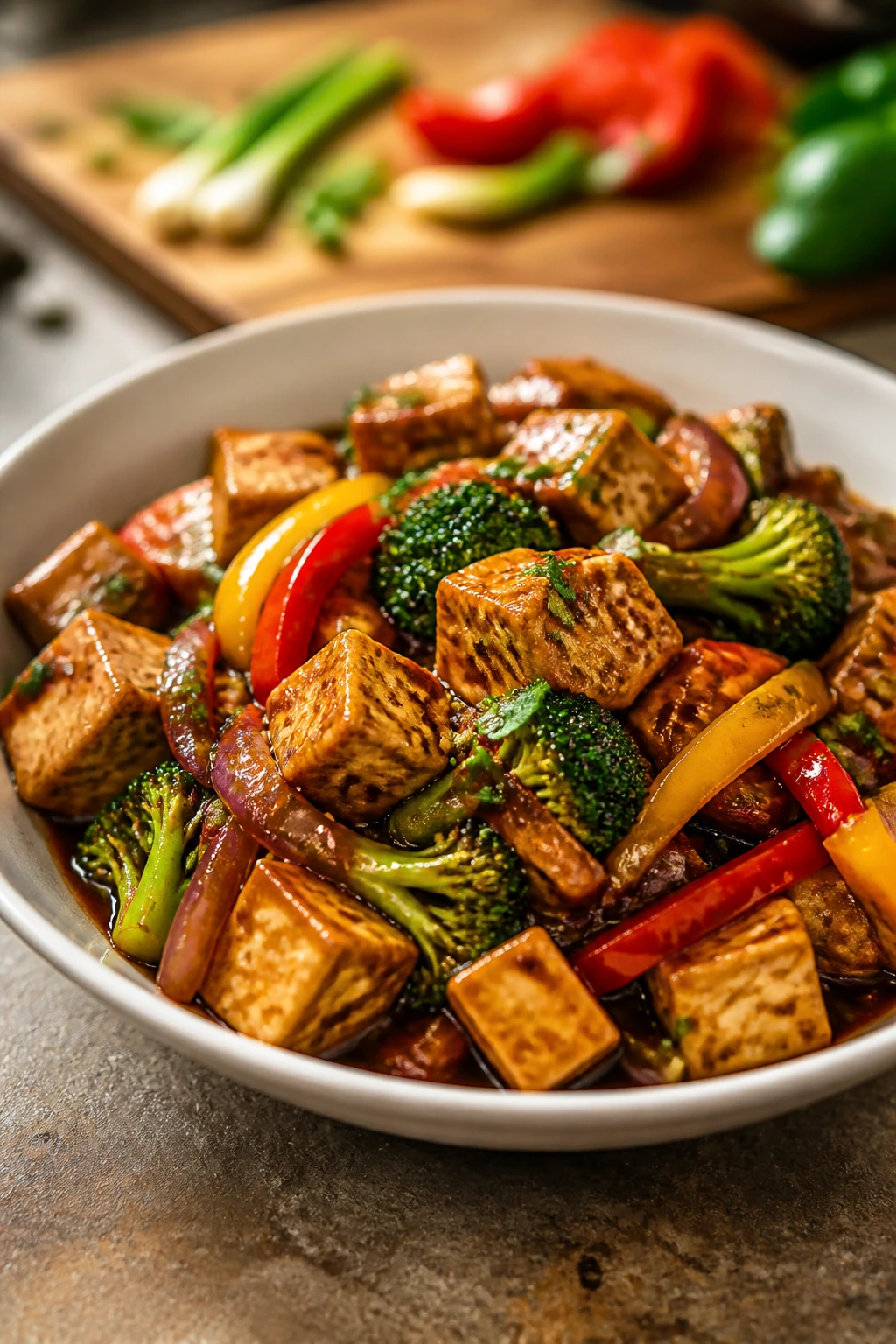 Tofu-based stir fry in a bowl with vegetables and glossy sauce