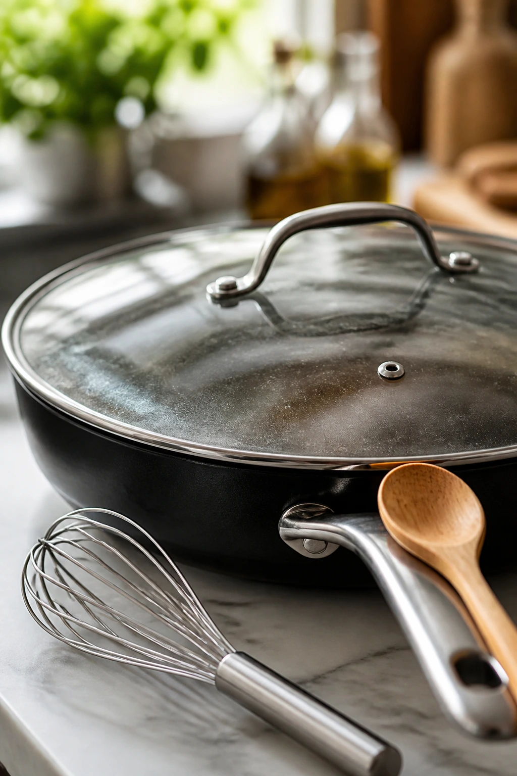 Skillet with lid and cooking tools on kitchen counter