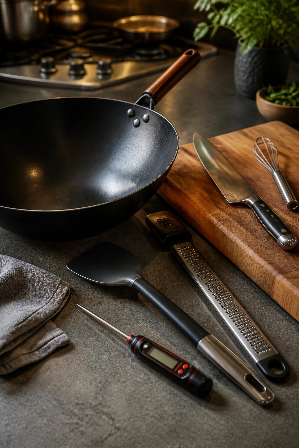 Essential stir-fry tools arranged on counter
