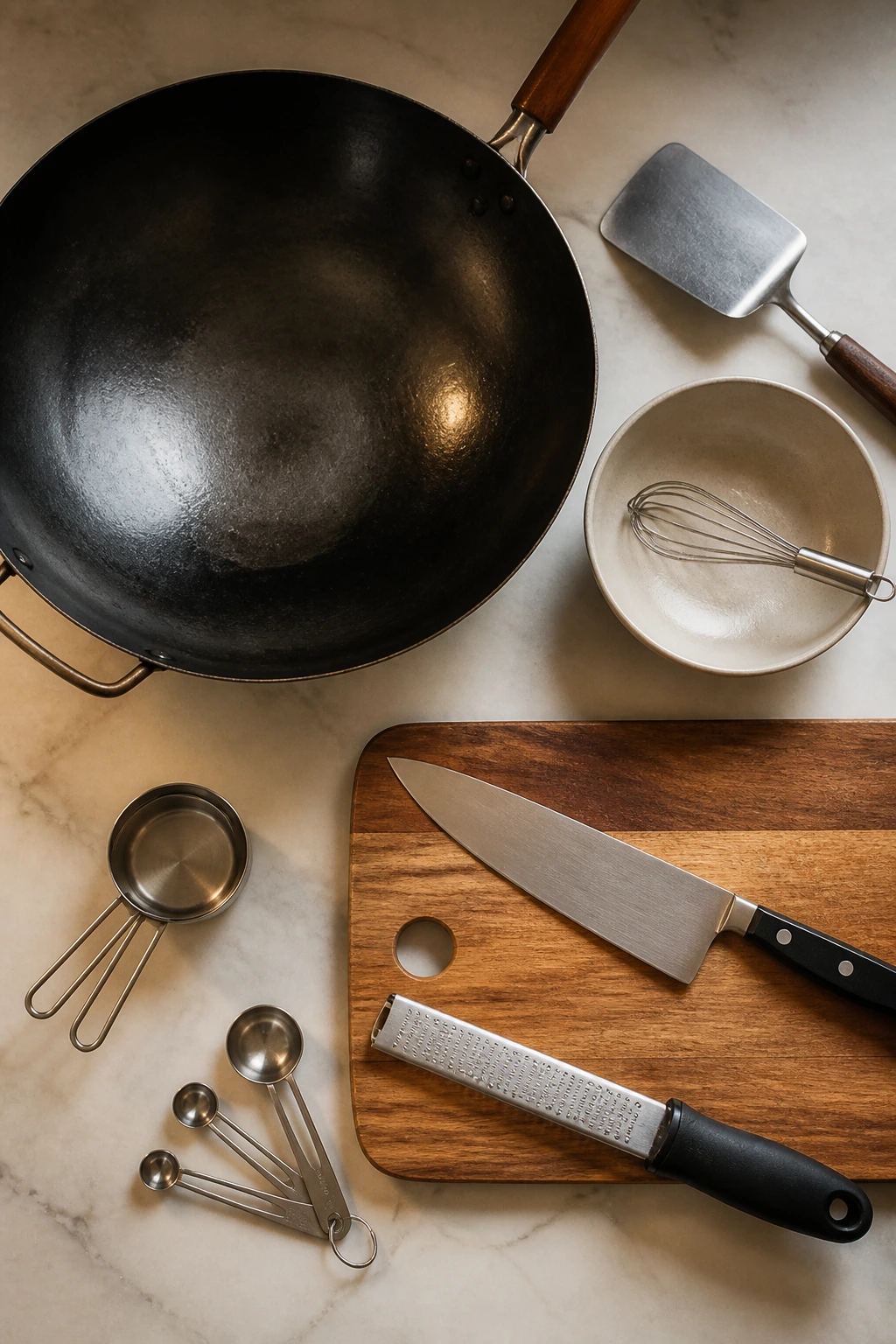 Essential stir-fry tools arranged on a counter