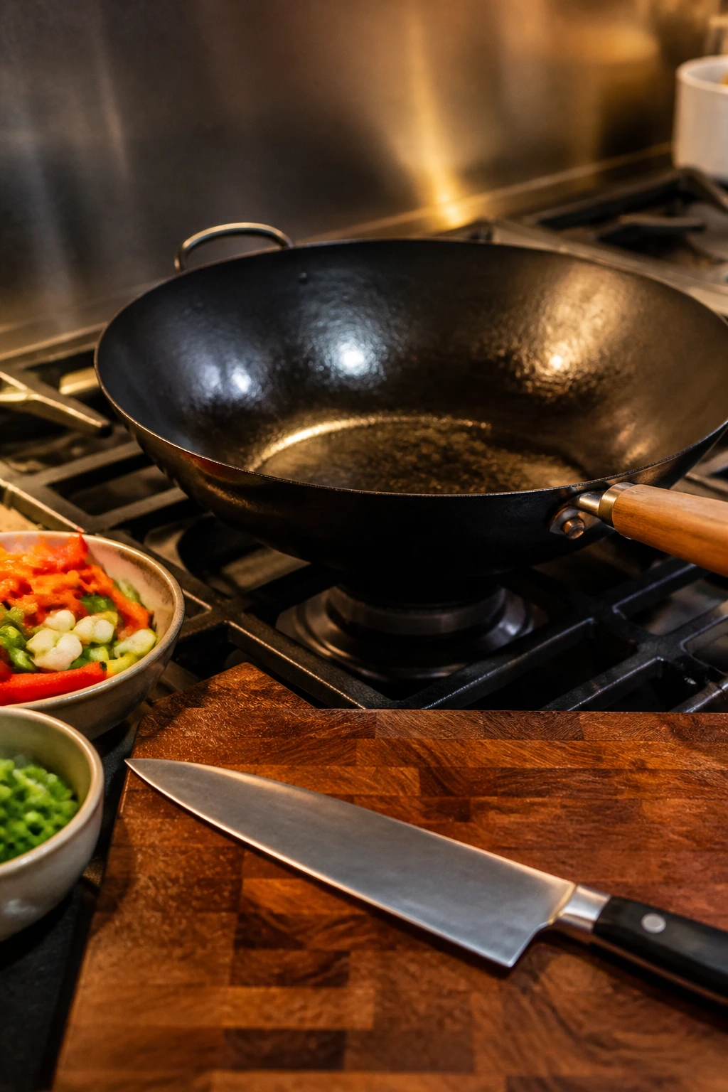 Wok and essential high-heat cooking tools on a kitchen counter