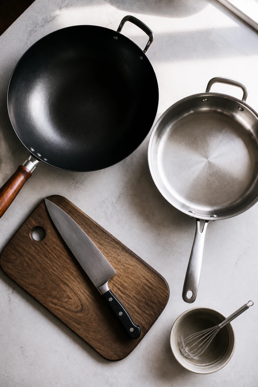 Top-down view of wok, knife, cutting board and whisk arranged on a kitchen counter