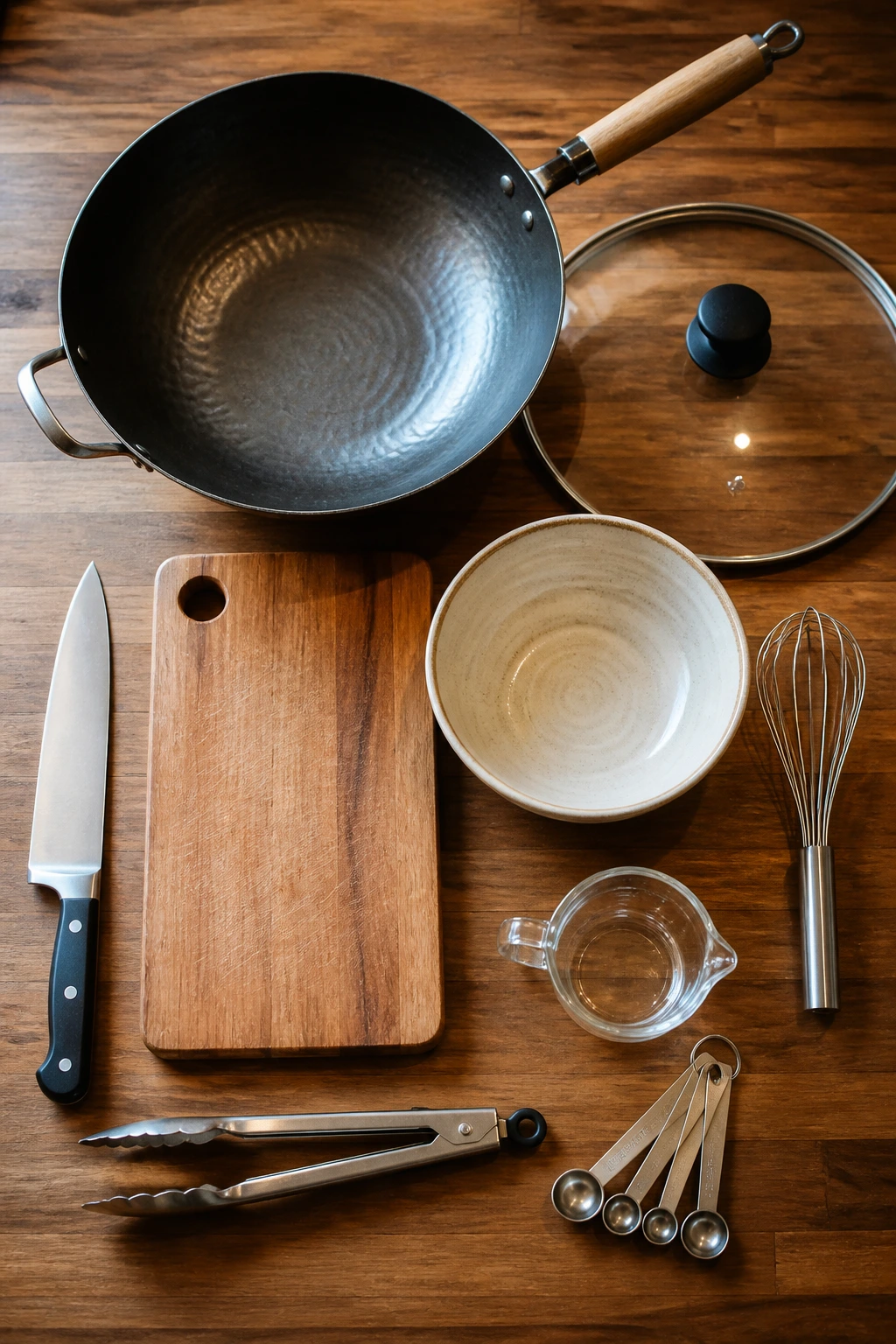 Top-down still life of essential stir-fry tools on a wooden kitchen counter