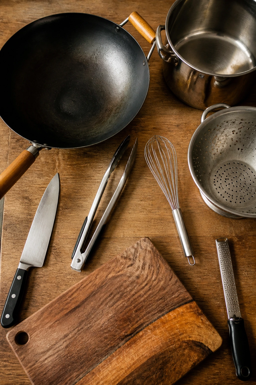 Wok and essential stir-fry tools arranged on counter