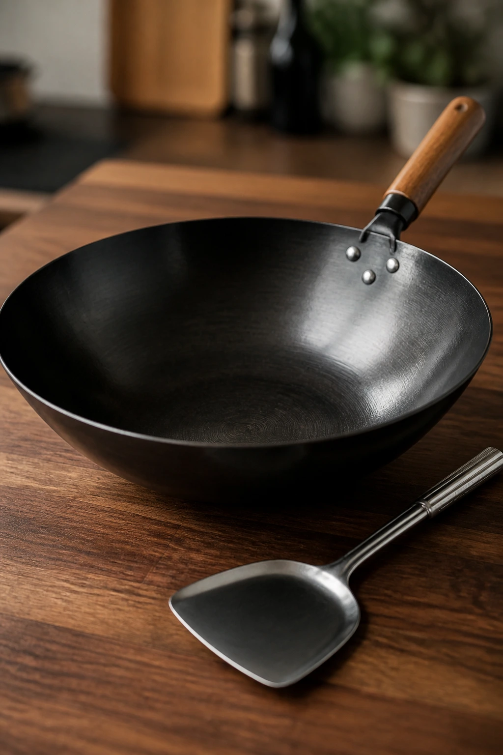 Wok and spatula on a wooden counter ready for stir-fry