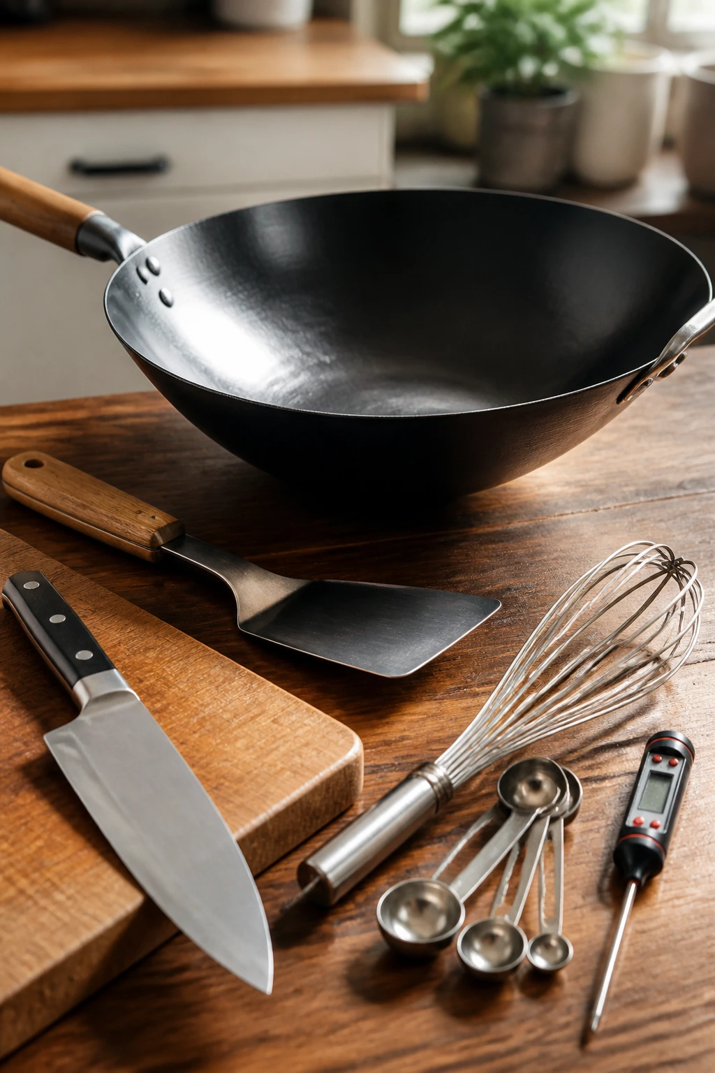 Tools for stir-frying arranged on kitchen counter