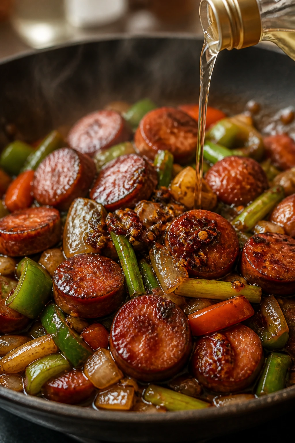 Close-up of glossy glaze with vinegar drizzle and chili crisp on sausage stir fry