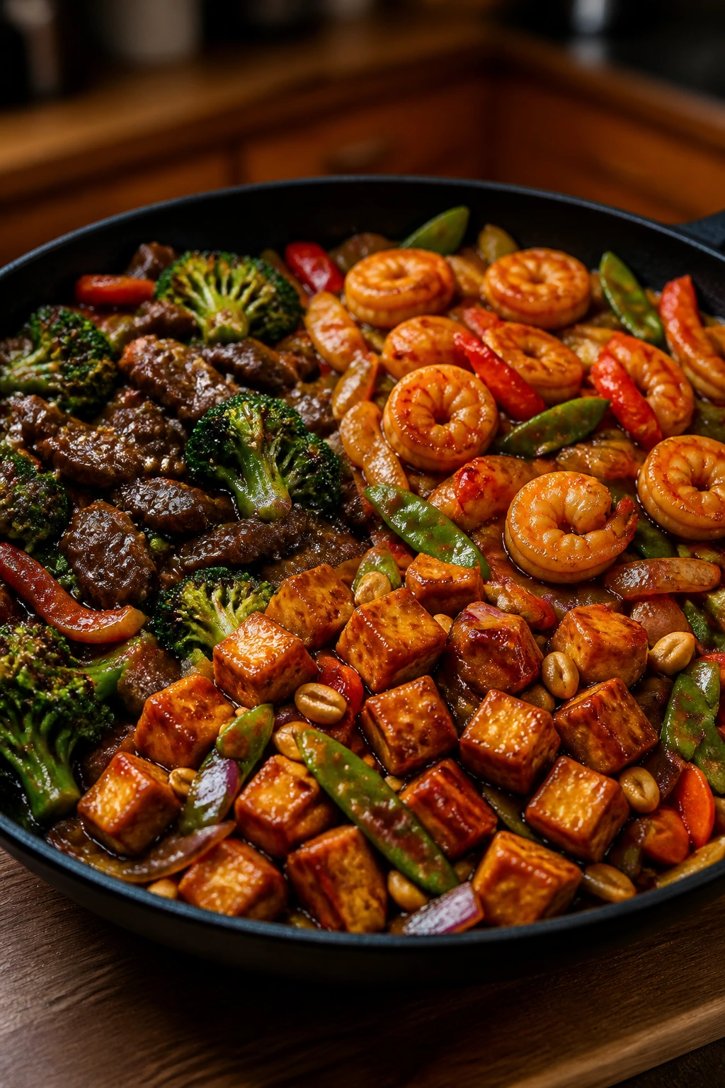 Skillet with three variations of stir-fry: beef and broccoli, shrimp, and tofu, all glossy and colorful