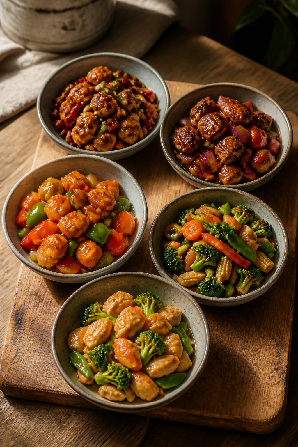 Top-down view of five bowls with varied stir-fry components on a wooden board