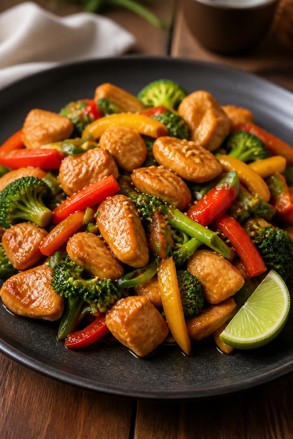 Plated chicken stir-fry with vegetables and sesame seeds