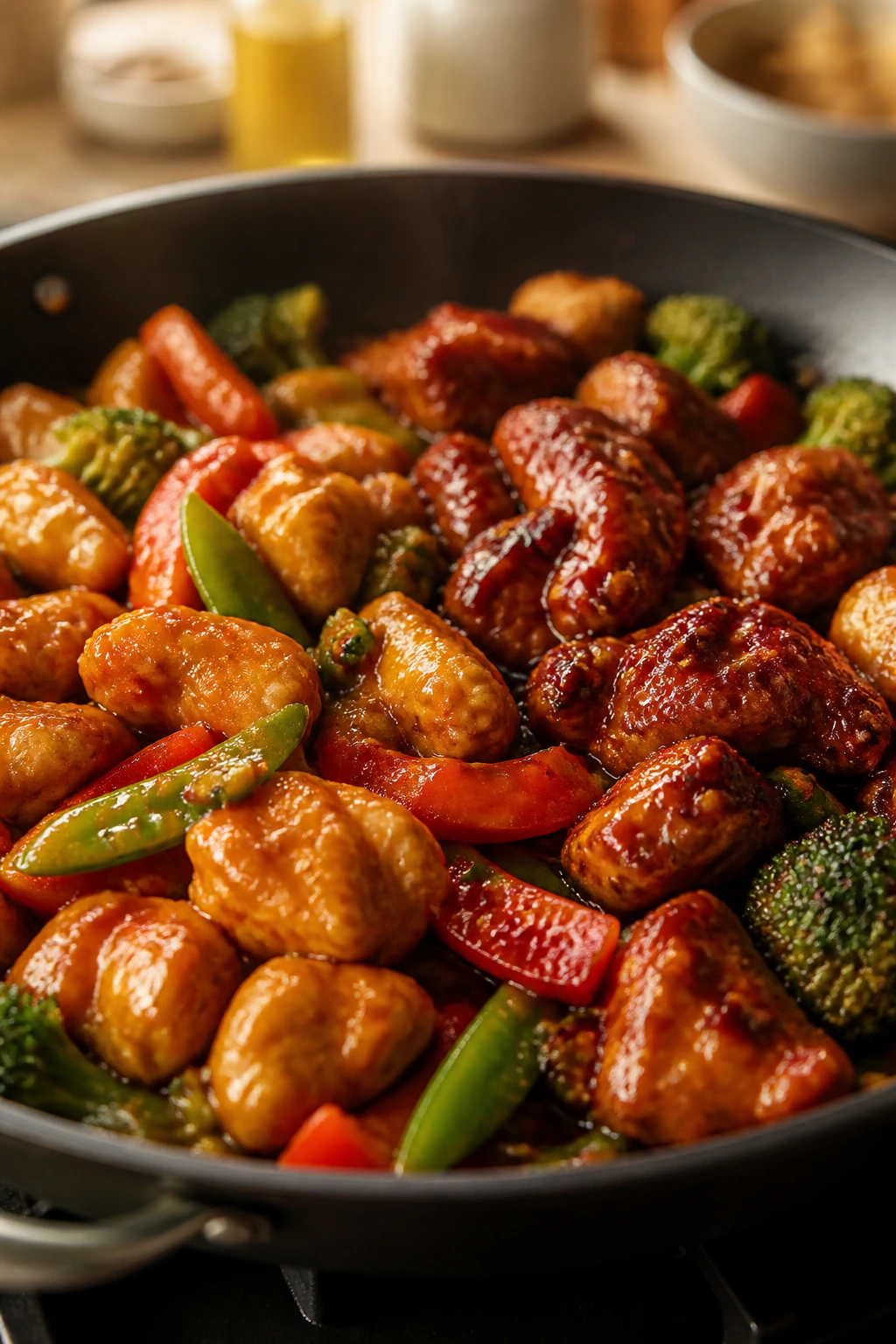 Close-up of a sizzling stir-fry showing varied glazes on chicken for flavor variations in a home kitchen.