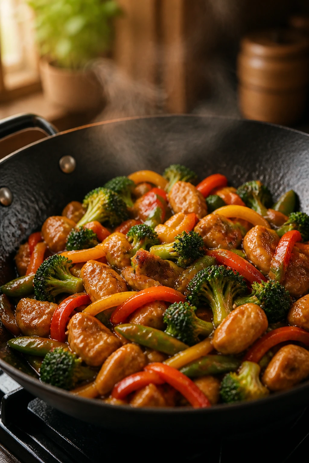 Colorful chicken stir-fry in a wok on a stove