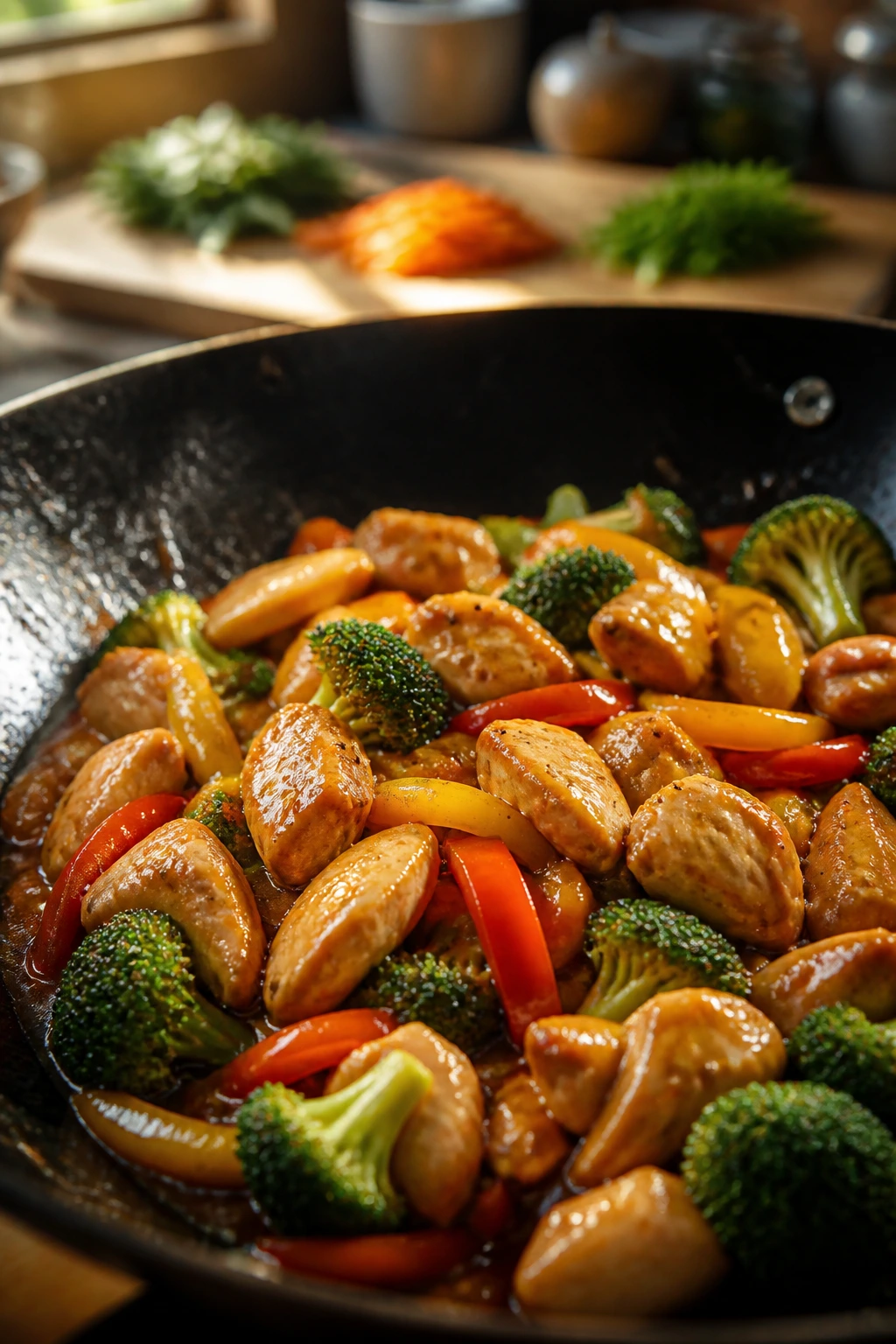 Close-up of colorful chicken stir-fry with broccoli and peppers in glossy sauce