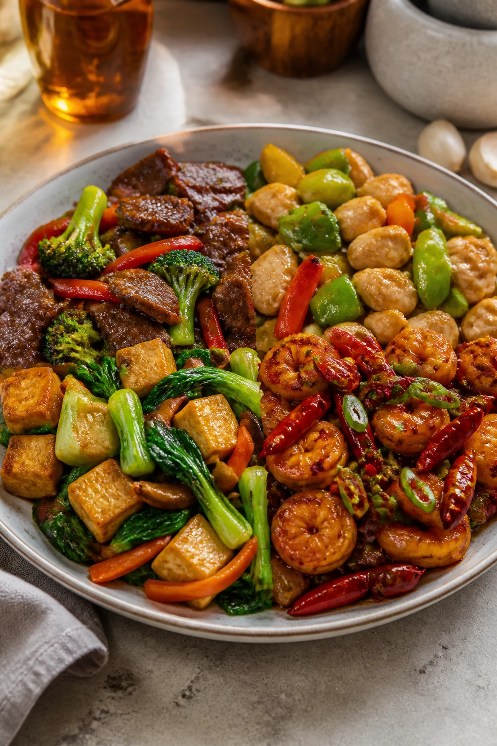 Close-up of a plate with four stir-fry variations representing gluten-free, low-sodium, vegan, and spicy adaptations