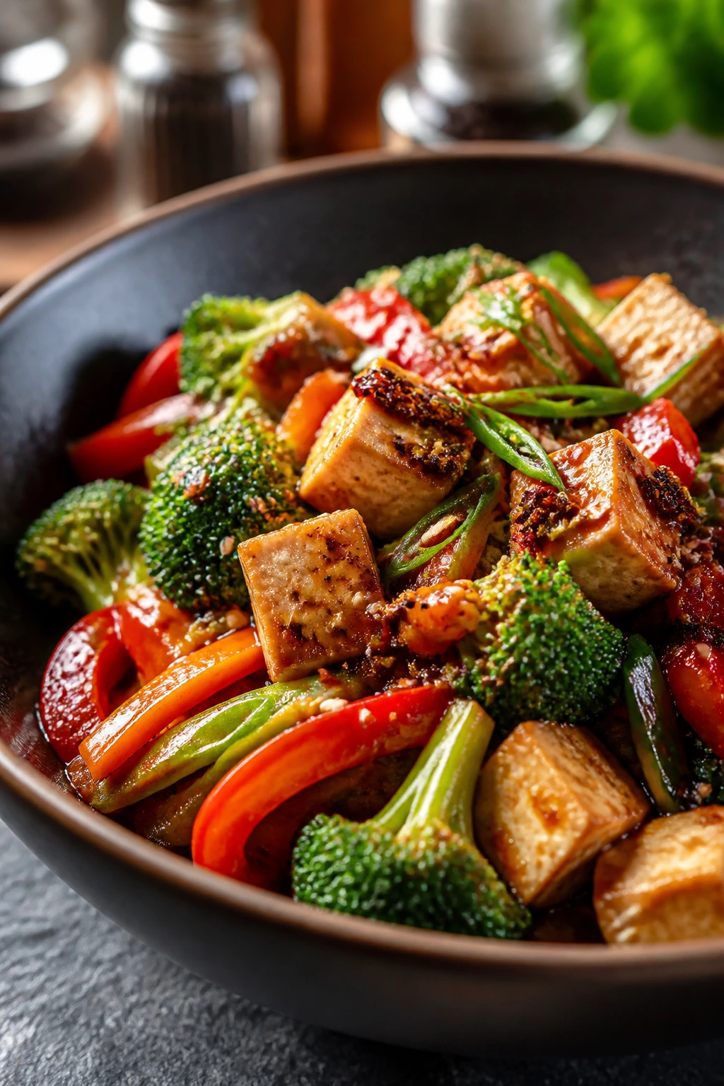 Colorful stir-fry bowl with tofu and broccoli and glossy sauce
