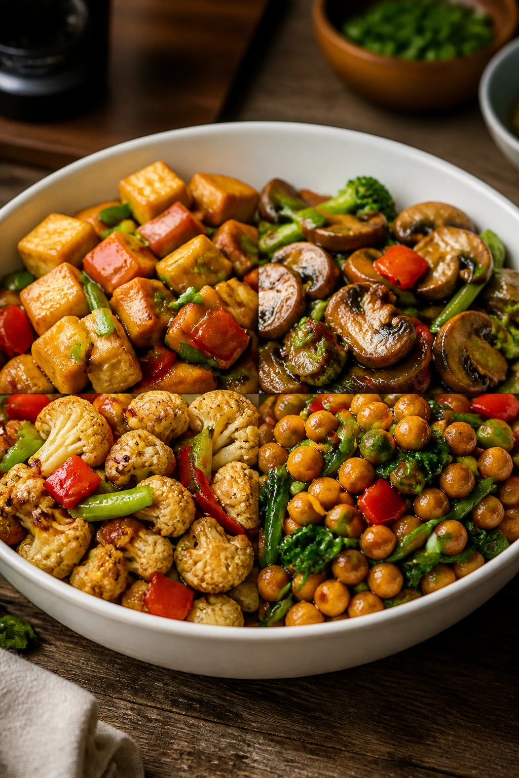 Close-up of a four-quadrant stir-fry mosaic featuring tofu, mushrooms, cauliflower, and chickpeas in a glossy sauce