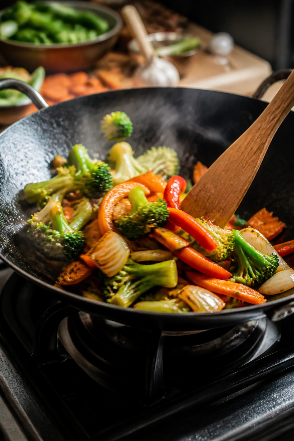 Hot skillet with vegetables browning quickly for a crisp-tender bite