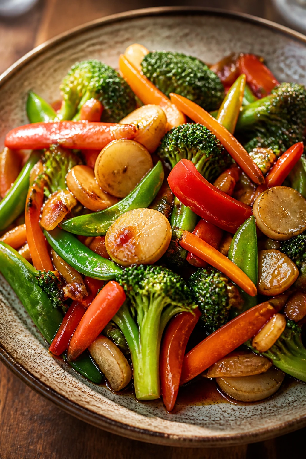 Close-up of glossy, crisp stir-fried vegetables on a rustic plate