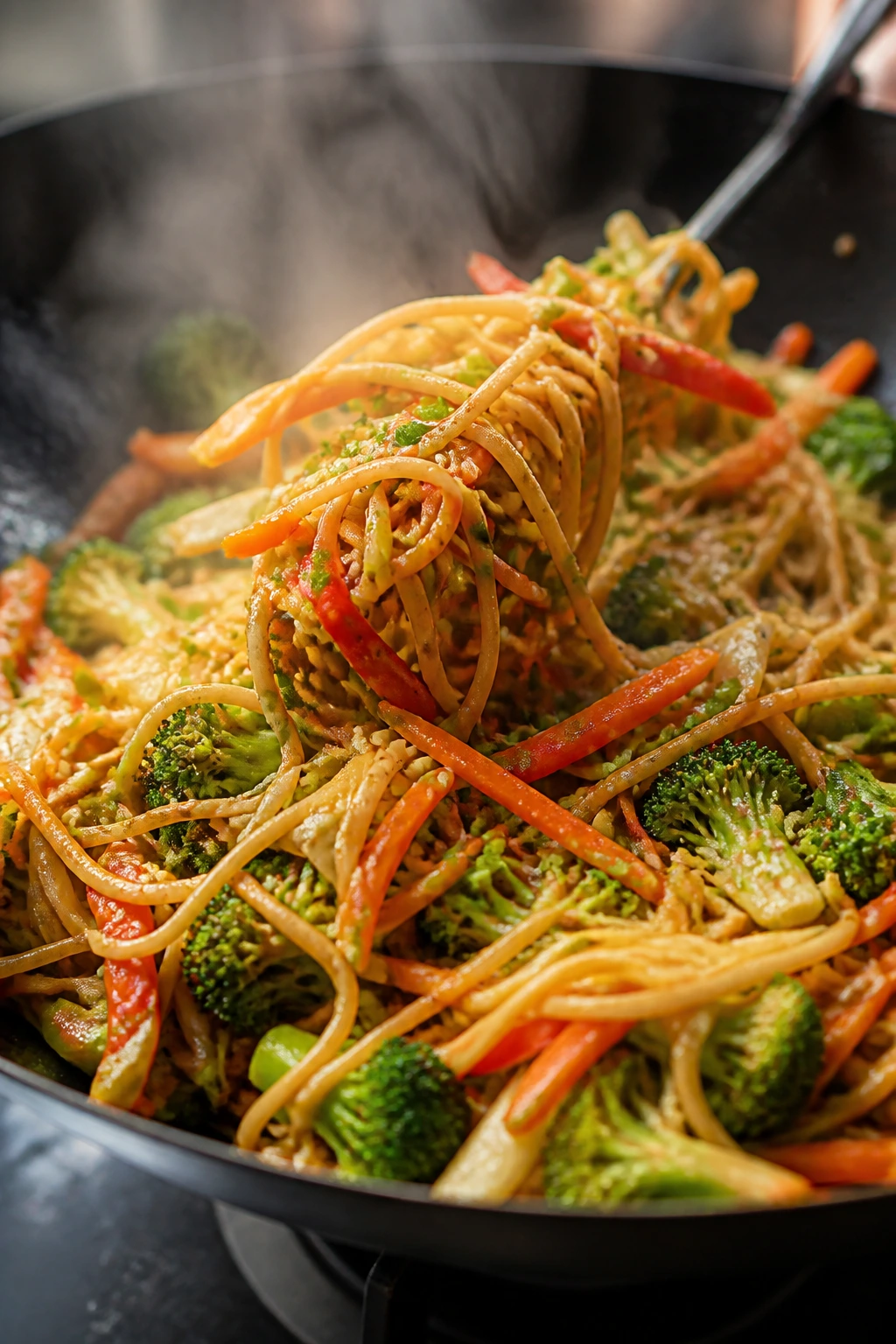 Sizzling pan with vegetables and glossy noodles