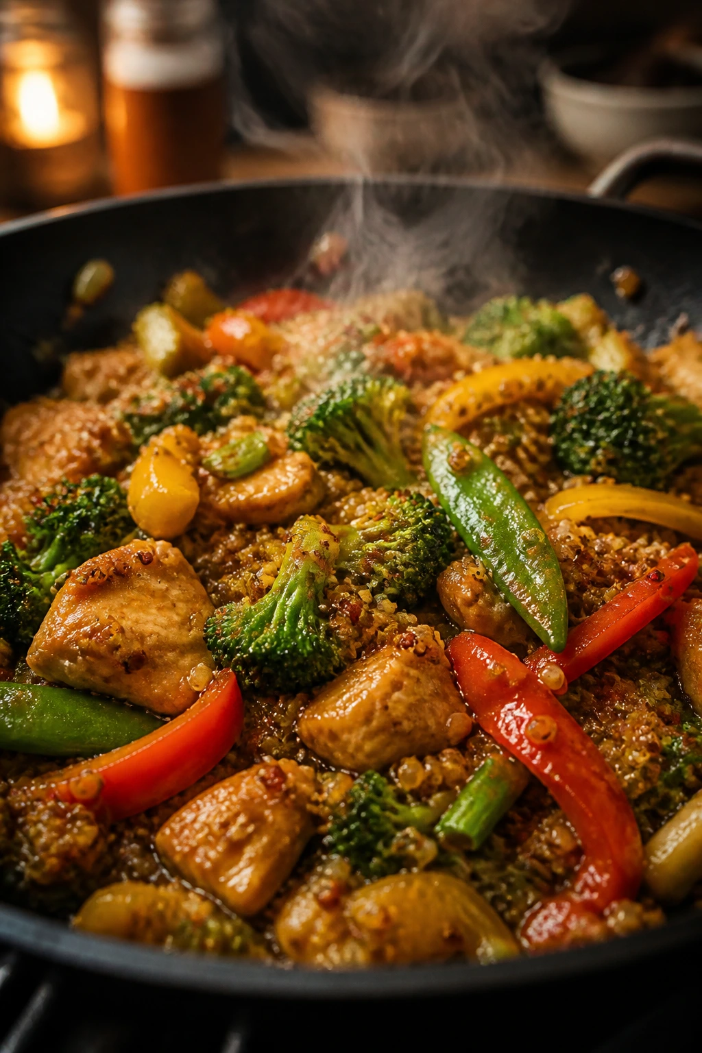 Sizzling stir fry in a skillet with colorful vegetables and glossy sauce