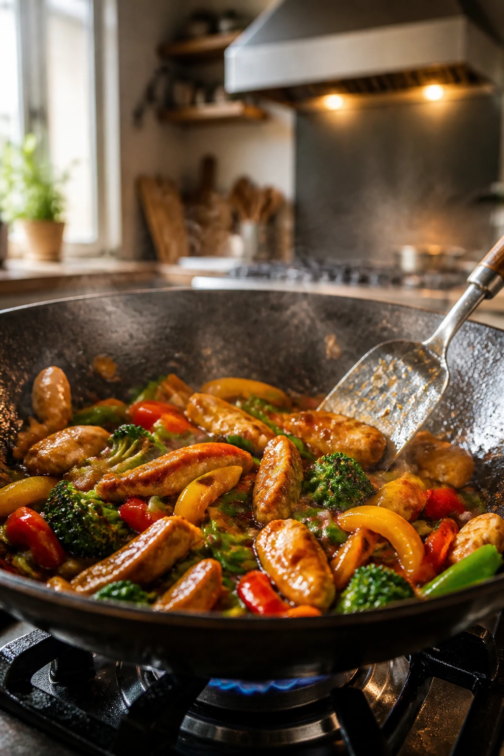 Stir fry in wok with glossy sauce and chicken and vegetables cooking in a home kitchen