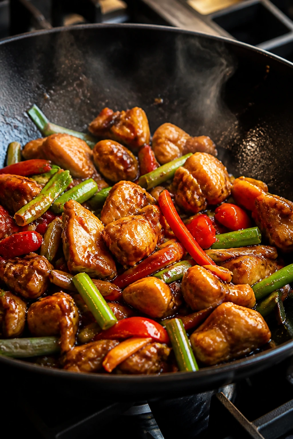 Sizzling wok with glossy chicken and vegetables steaming on a stove