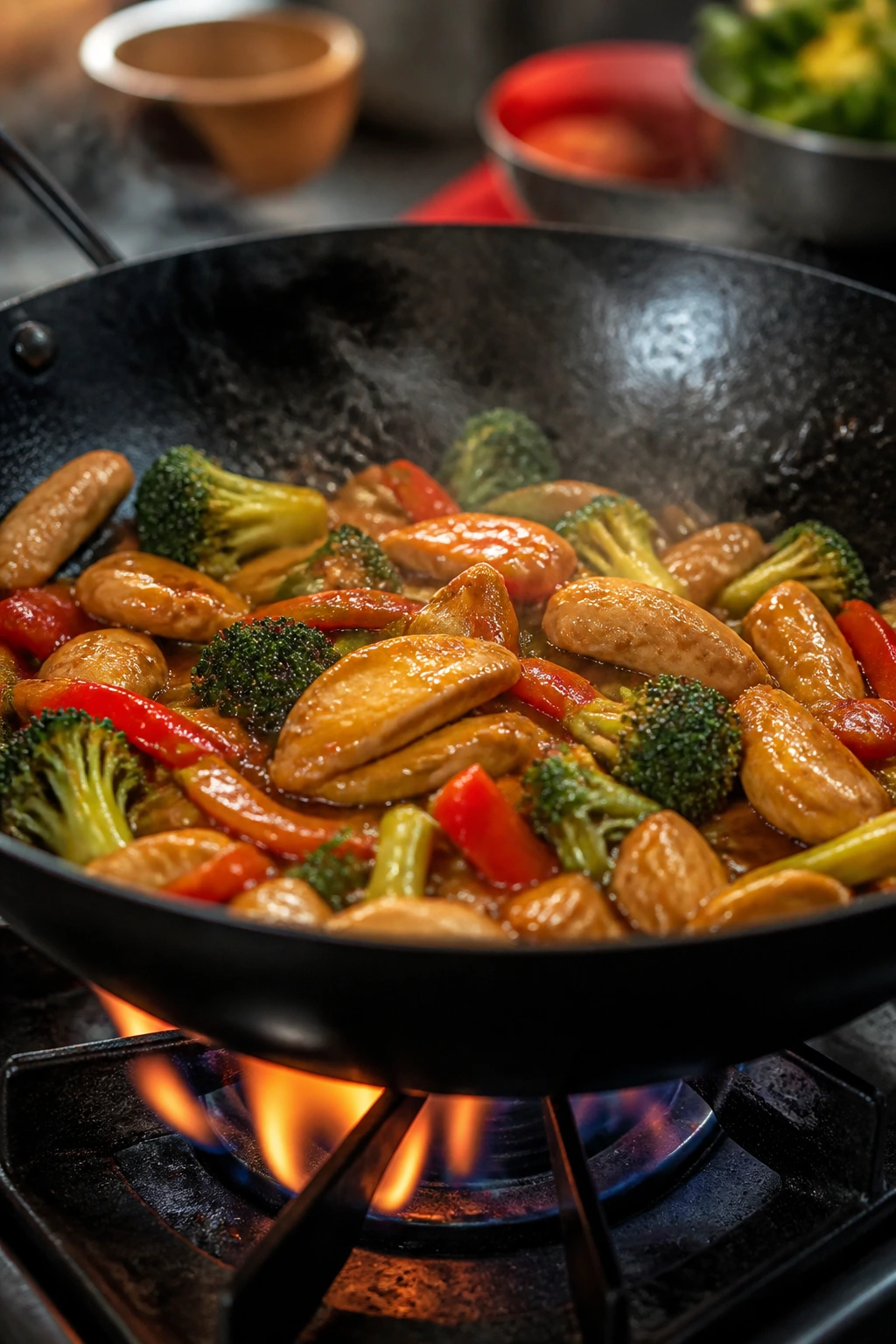 Close-up of sizzling stir-fry in a wok with chicken and broccoli in glossy sauce