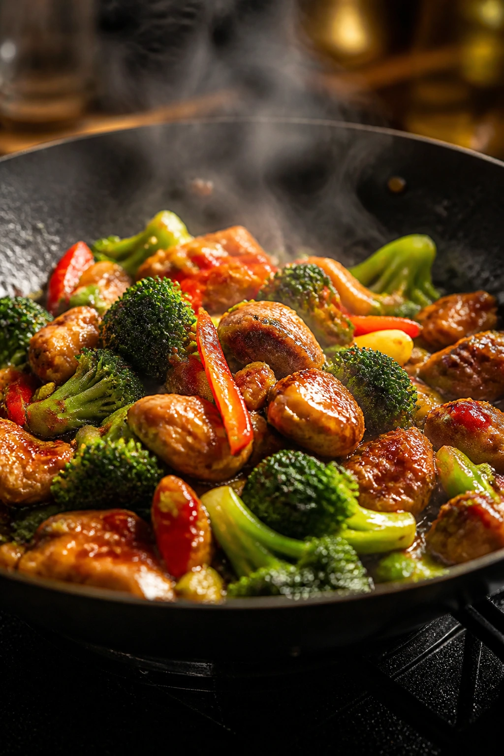 Close-up of a sizzling wok with glossy chicken and broccoli in spicy sauce, steam rising