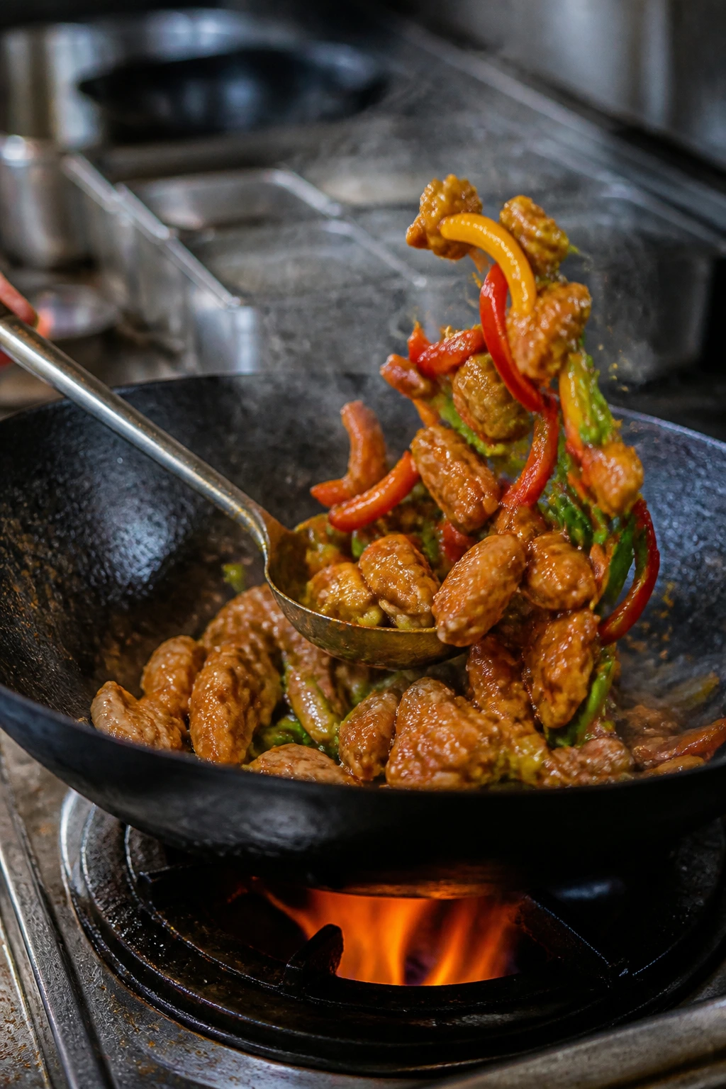 Close-up of high-heat stir-fry in a wok with chicken and vegetables and glossy sauce
