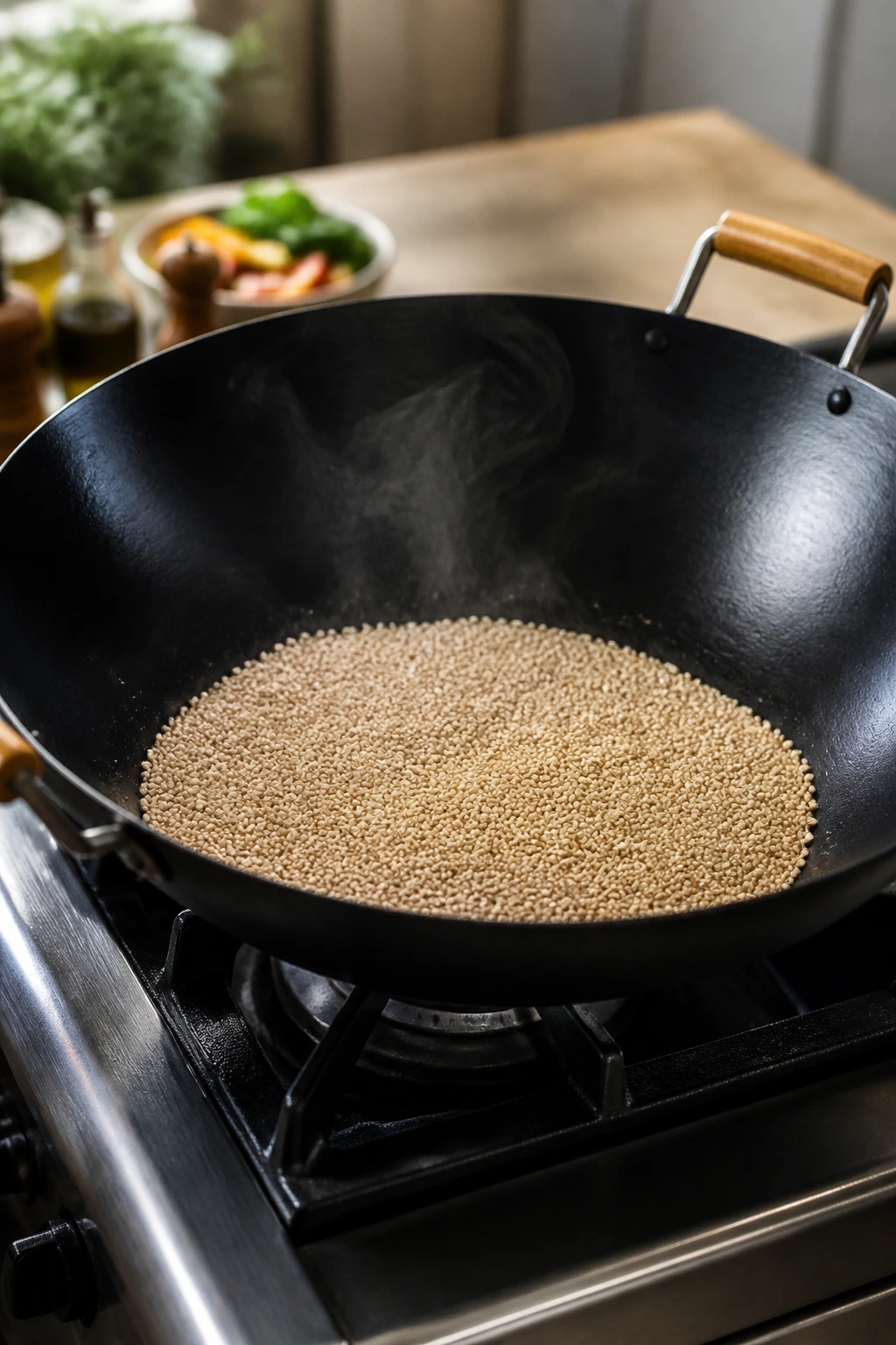 Large wok with quinoa in a dry thin layer
