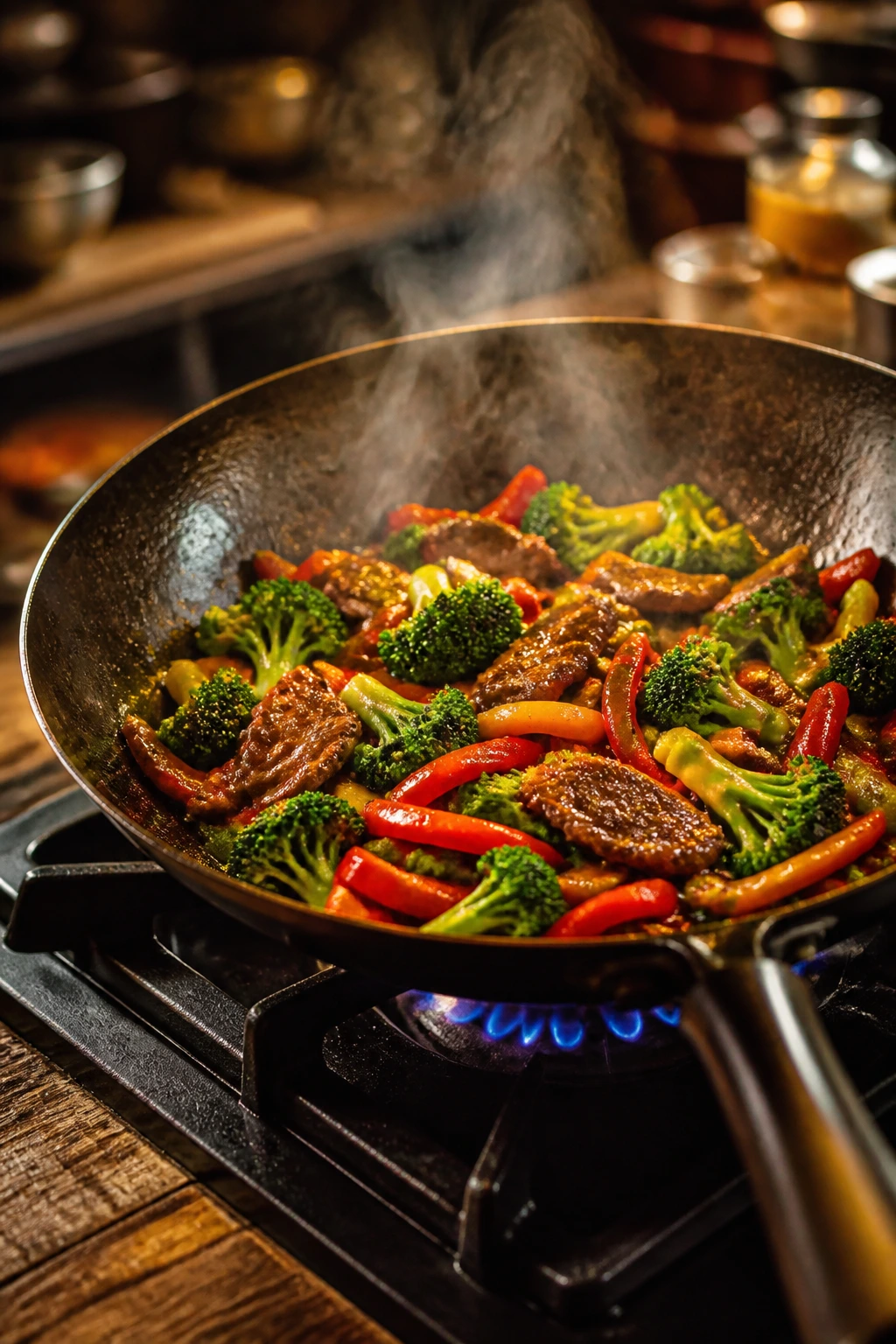 Close-up of a wok with vegetables and meat being stir-fried in a glossy sauce on a gas stove