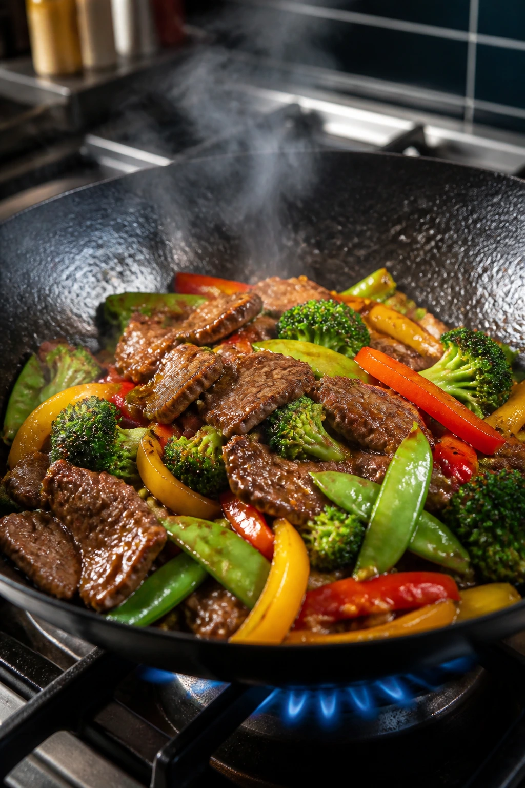 Close-up of sizzling wok with beef and vegetables on a gas stove