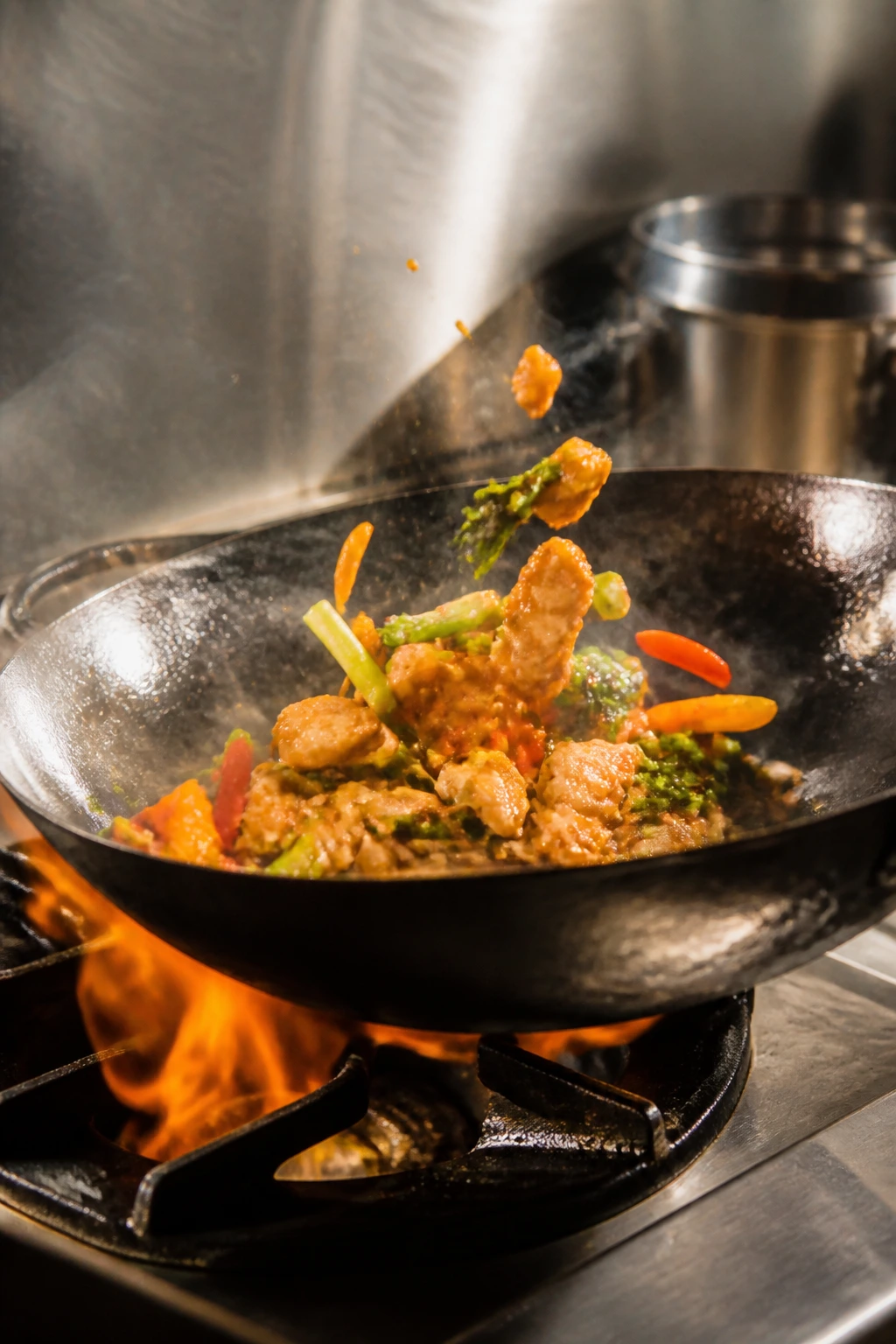 Sizzling wok with chicken and vegetables on a busy stove