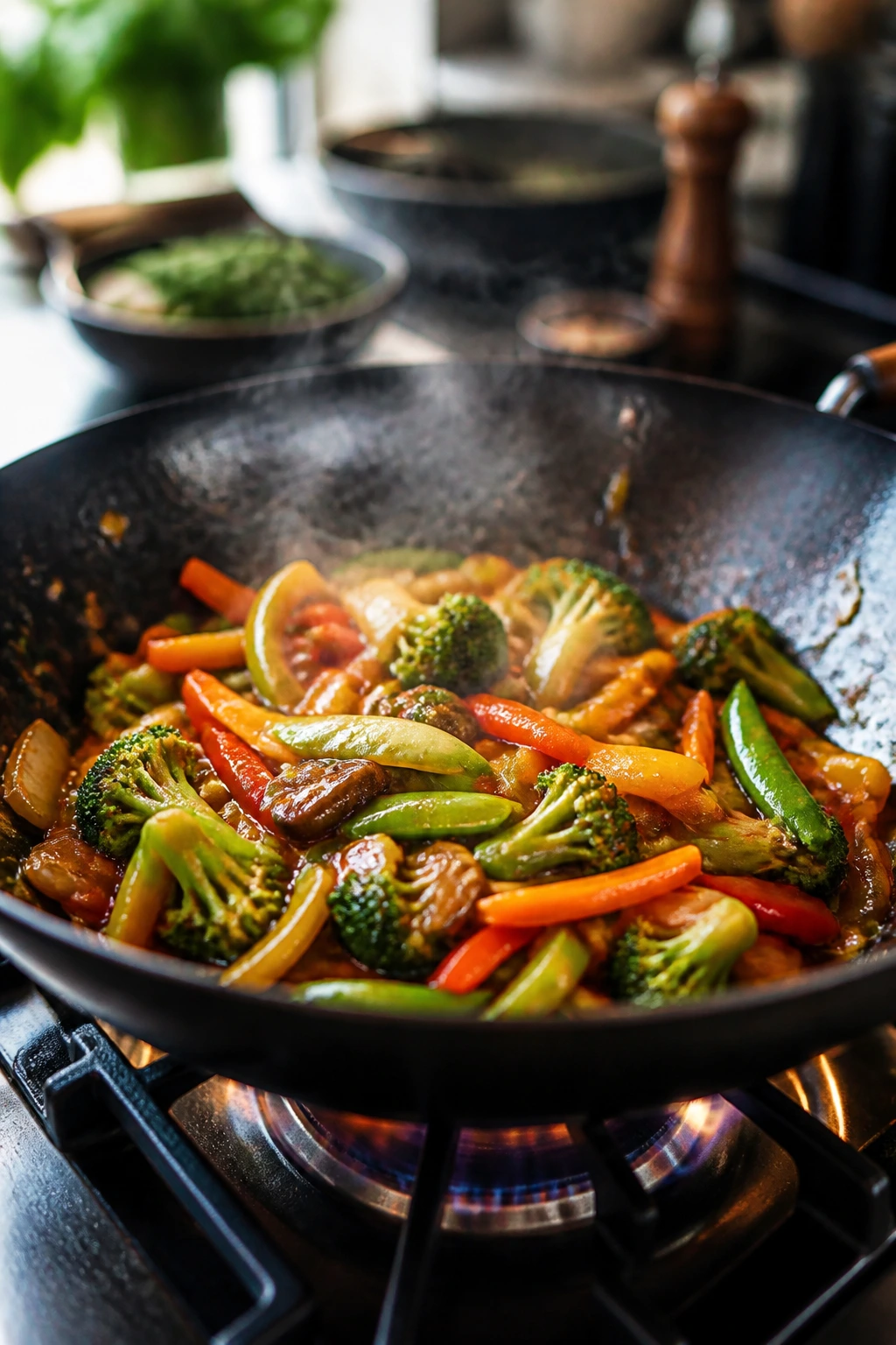 Wok with sizzling vegetables and glossy sauce
