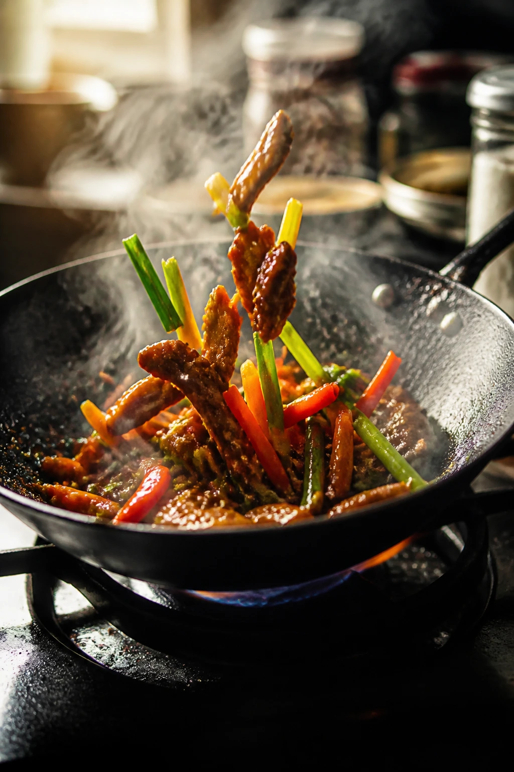 Close-up of a sizzling wok stir-fry in a real kitchen