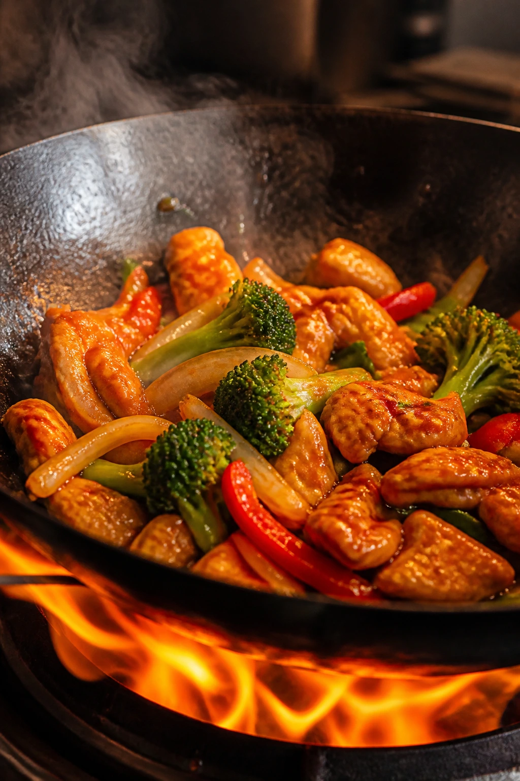 Close-up of a sizzling wok with chicken and vegetables in glossy sauce on a stove