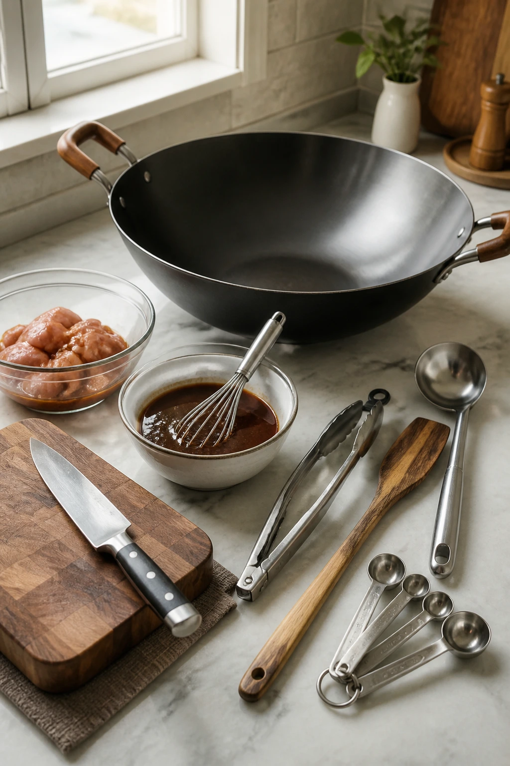 Wok and essential stir-fry tools on a kitchen counter