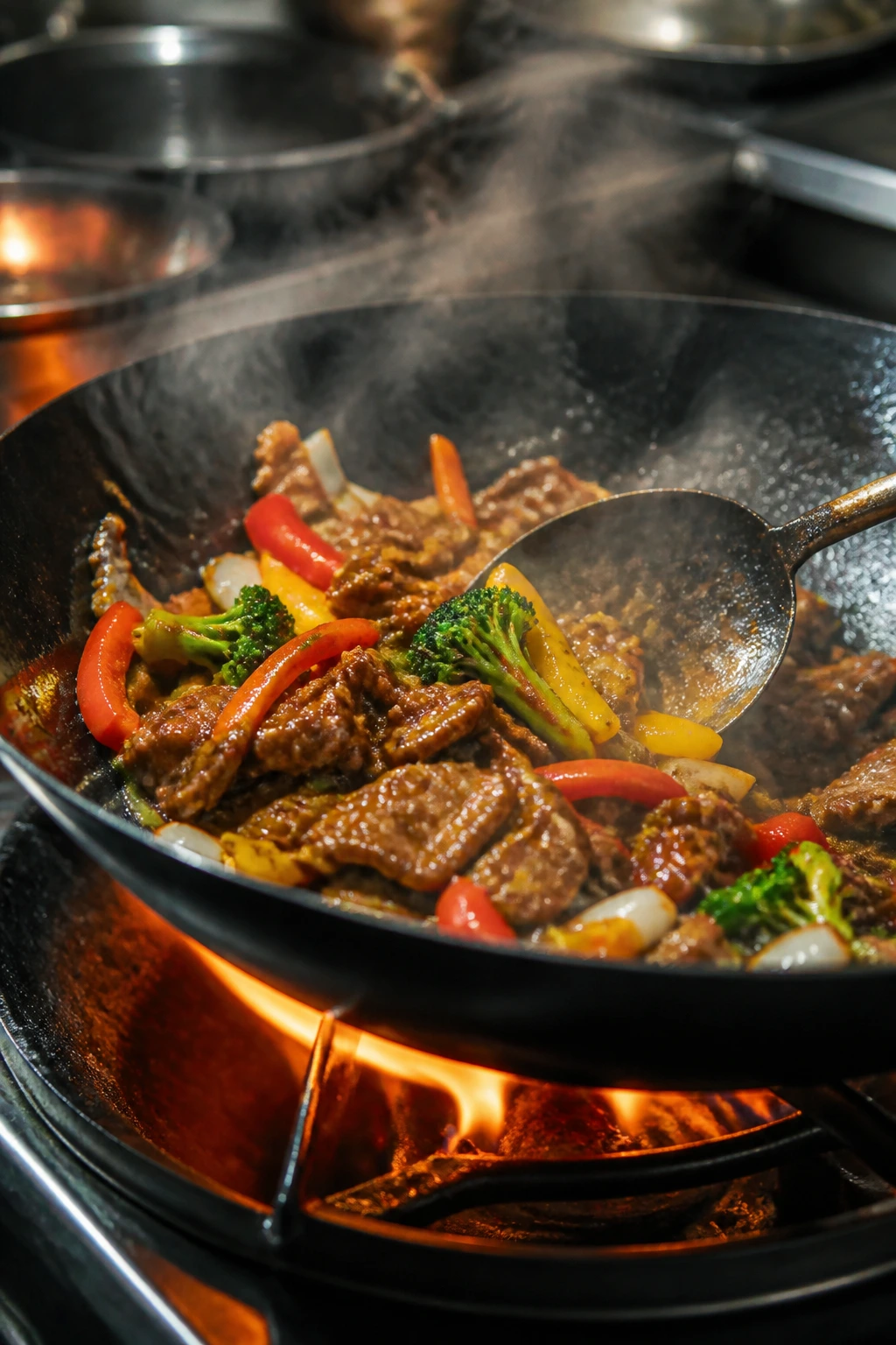 Close-up of sizzling wok with colorful vegetables in a home kitchen
