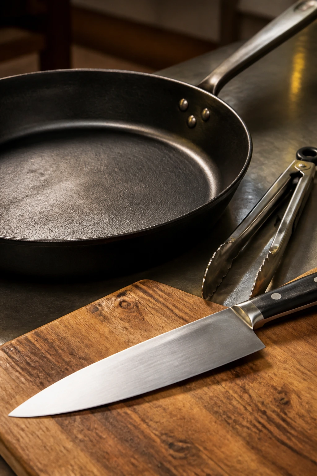 Close-up of stir-frying tools including skillet, knife, and tongs