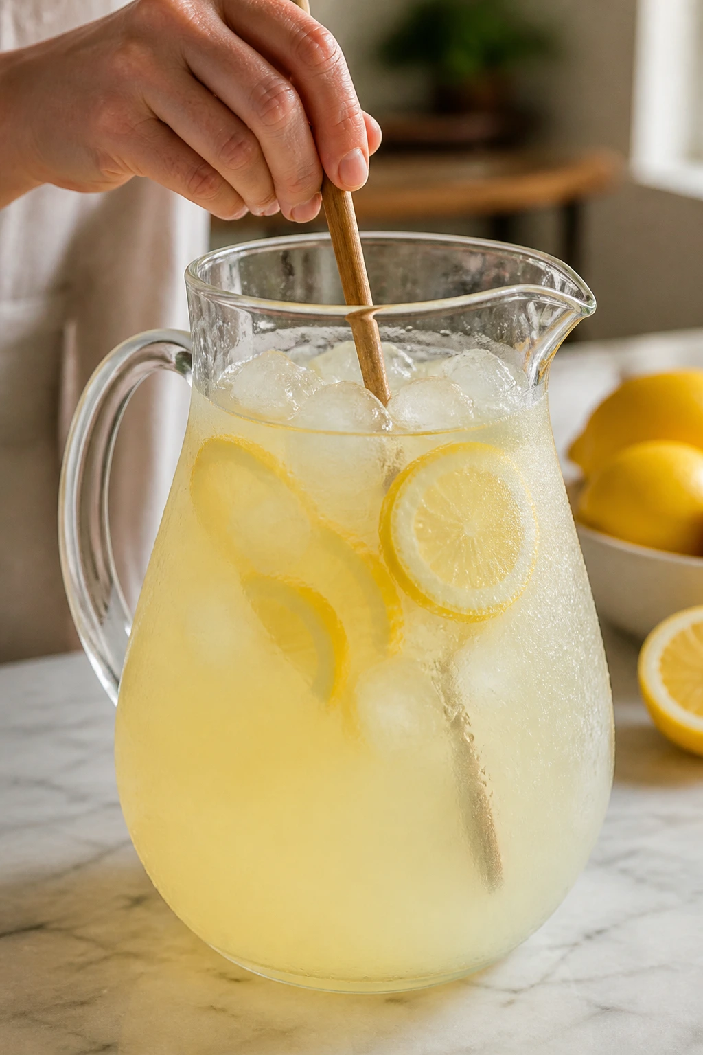 Hand stirring lemonade in a pitcher on a kitchen counter